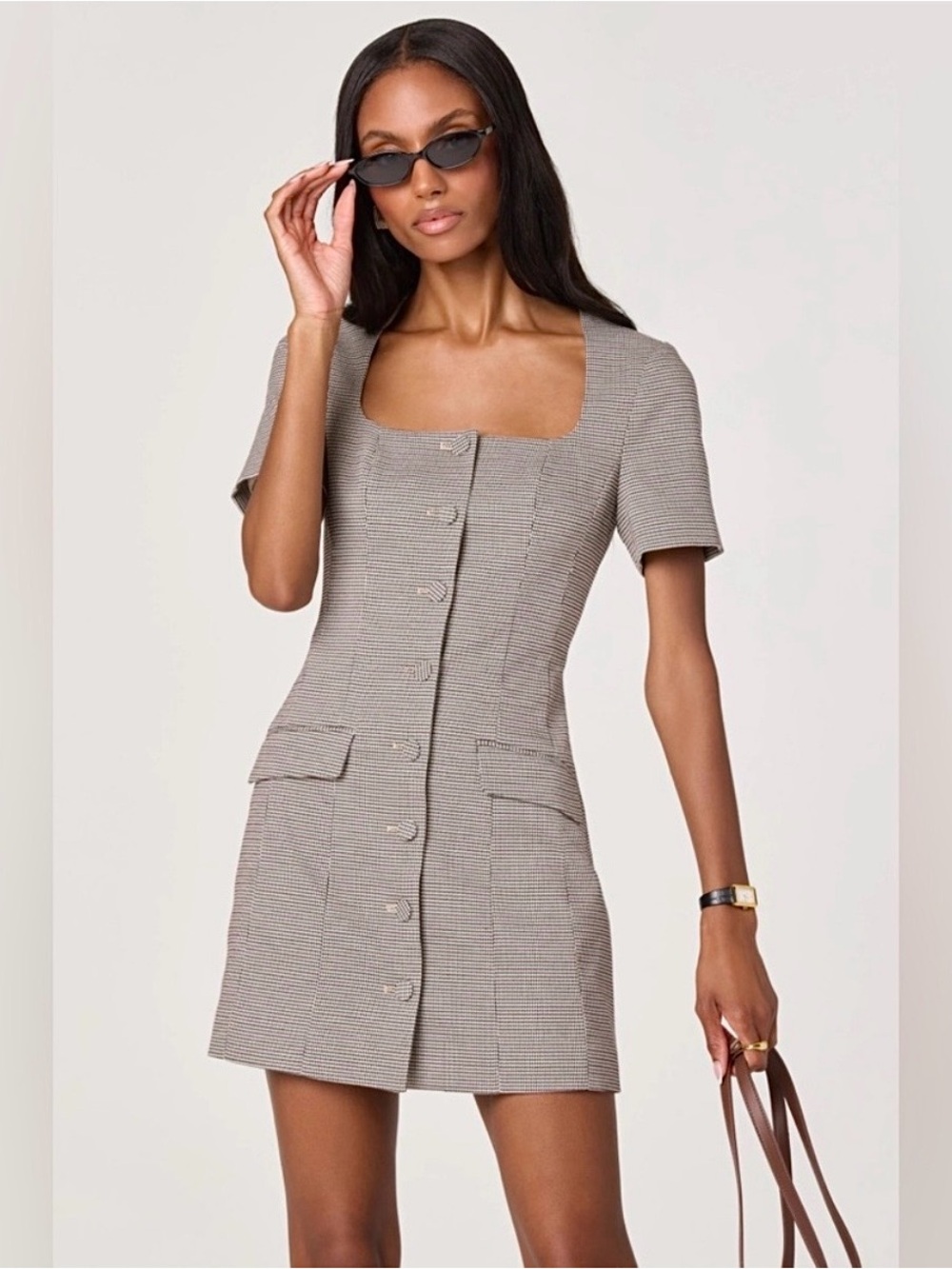 Square Neck Short Sleeve Mini Dress in Taupe Check